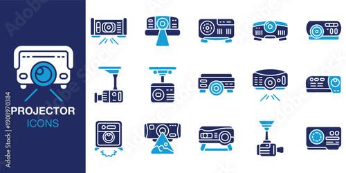Projector icon set. Containing theater, presentation, meeting, classroom, lecture and more. Solid vector icons collection. Vector illustration.