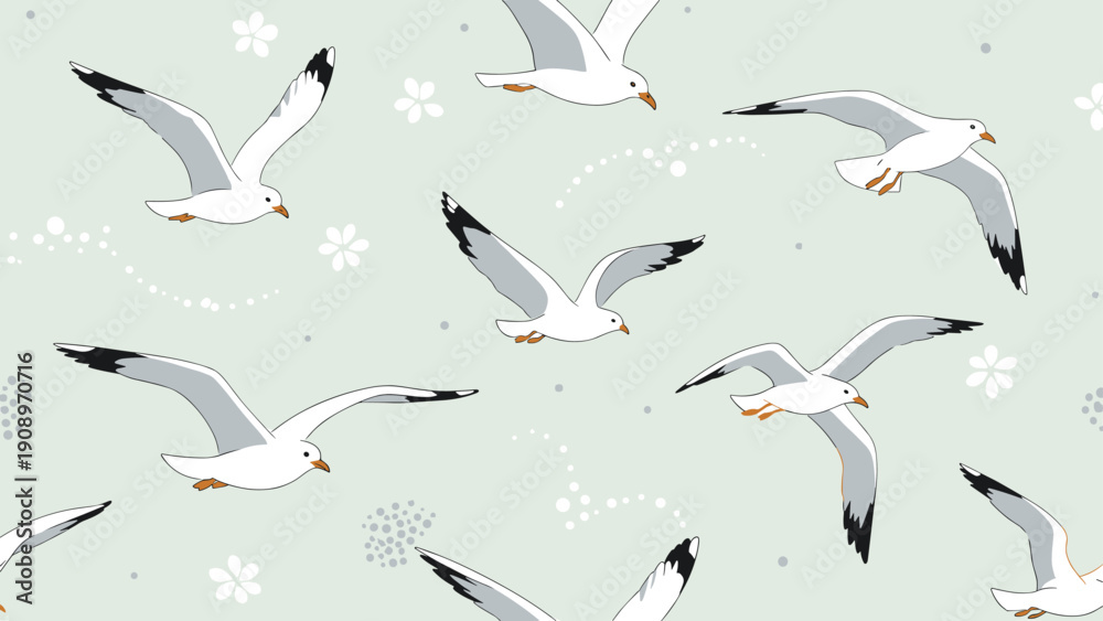 Fototapeta premium Beautiful seamless pattern displays white seagulls soaring through the air with delicate floral accents and dots on a soft pastel background.