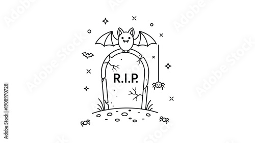 Spooky Halloween illustration features a cracked tombstone marked with R.I.P. as a cute bat sits on top and spiders dangle nearby.