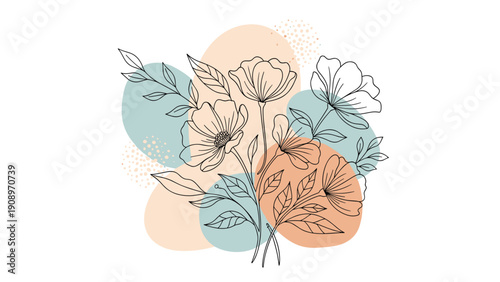 Artistic composition features delicate black line art flowers and leaves set against soft pastel teal and peach colored abstract shapes.