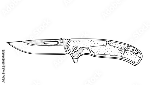 Detailed black and white line art illustration depicts a modern folding pocket knife with a textured handle and a sharp utility blade.