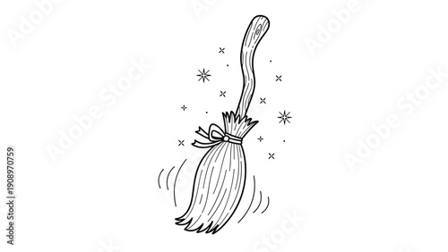 Whimsical line art drawing shows a magical flying broomstick tied with a bow and surrounded by shimmering stars and movement lines.