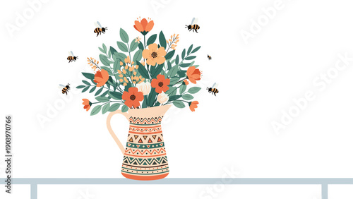 Vibrant bouquet of orange and white flowers in a patterned ceramic jug is surrounded by several busy honeybees on a white background.