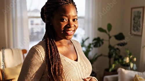 Pregnant Black woman gently touches belly in cozy living room.