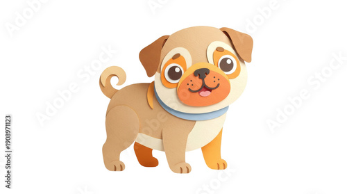 Papercraft pug with curled tail and blue collar