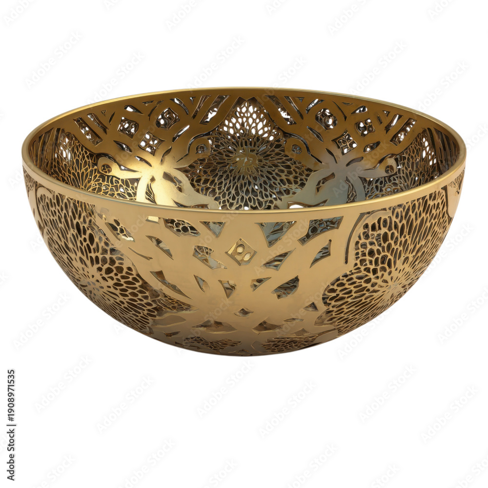 Fototapeta premium Ornate gold metal decorative bowl with cutout floral pattern isolated on Transparent Background