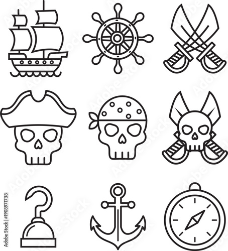 Pirate icon set Vector line art illustration ship, skull, anchor, compass