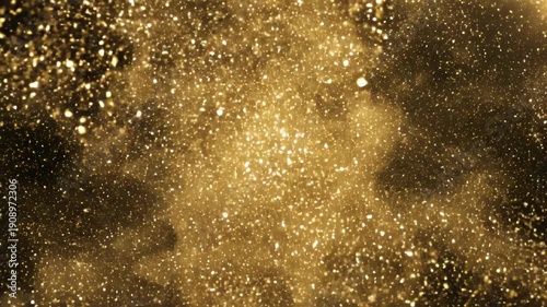 A swirling vortex of golden particles and light flares against a dark background