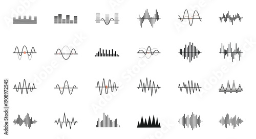 Sound wave and equalizer icons set. Digital audio spectrum, music waveform, voice frequency vector