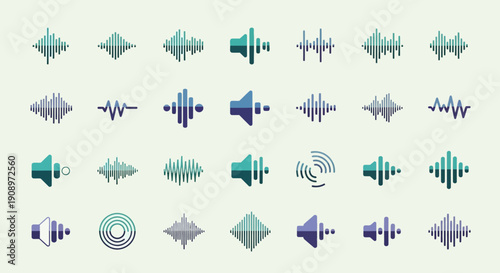 Sound Wave and Speaker Icons Collection. Audio Spectrum, Volume, Music, Equalizer Symbols.