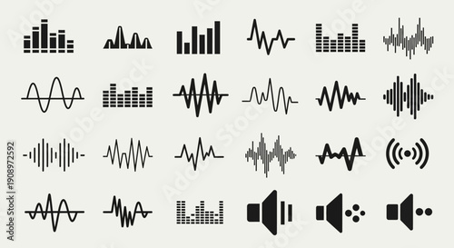 Sound waves and audio equalizer icons set. Music frequency spectrum and volume vector graphics.