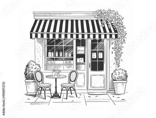 Hand drawn sketch of cozy outdoor cafe storefront, with striped awning, chairs, and shop entrance