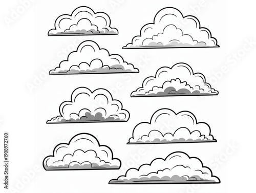 Set of hand drawn black and white clouds, for weather forecast and sky nature design