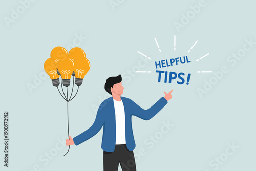 Useful tips for business, useful ideas for success, suggestions or input information for improvement concepts, smart entrepreneurs holding balloons filled with brilliant ideas and giving useful tips.