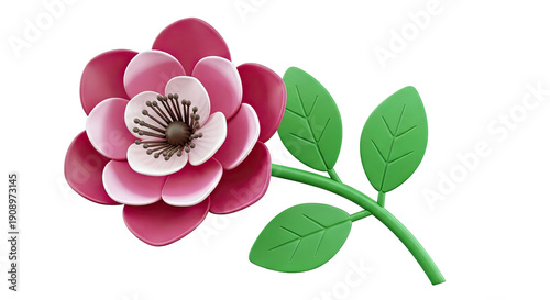 3D Rendered Pink Flower with Green Leaves on White Background