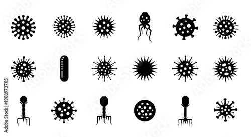 Black Virus Icons Set on White Background