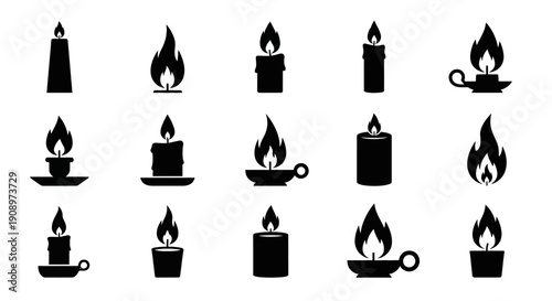 Candle Flame Icons Set, Black Silhouette Vector