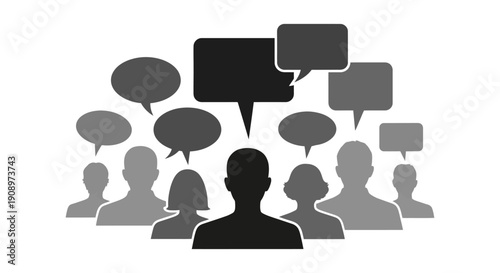 Conceptual illustration of a diverse group of people communicating through speech bubbles, symbolizing discussion, social interaction, and shared ideas