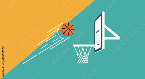 Dynamic flat design illustration of a basketball in motion, soaring towards a hoop, symbolizing active sports, competition, and goal achievement with vibrant graphic artistry