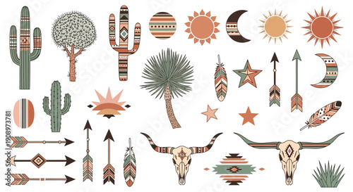 Boho Desert Set: Cactus, Skull, Sun, Moon, Arrows, Feathers