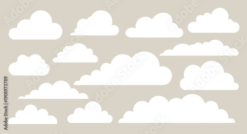 Cartoon Clouds Set: White Fluffy Shapes on Beige