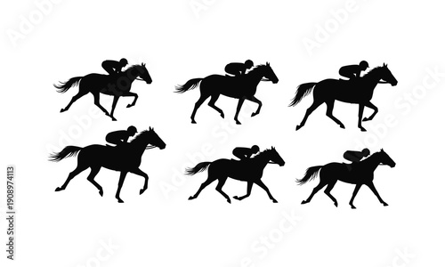 Horse racing jockeys silhouettes illustration, set of six horses running