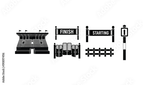 Horse racing stadium track gates starting finish line vector silhouette icons illustration