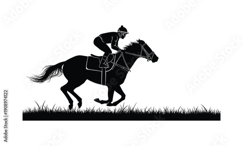 Horse racing vector silhouette illustration showing jockey riding galloping animal on grass