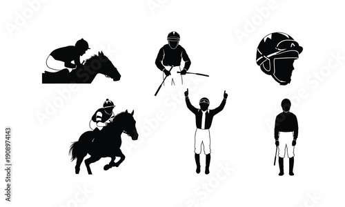 Jockey horse racing silhouette characters and sports equipment vector illustration line art