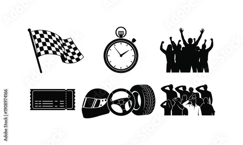 Racing theme vector silhouette illustration including flag stopwatch crowd and driver gear