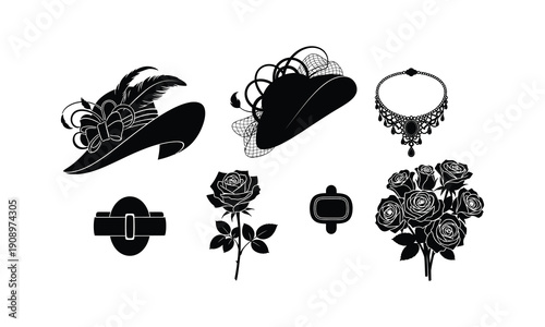 Vintage ladies fashion hats roses jewelry flowers set vector silhouette icons illustration
