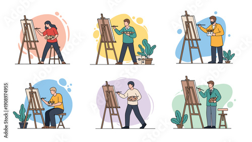 Creative collection of artists, both men and women, painting on canvases using easels in different artistic environments and poses.