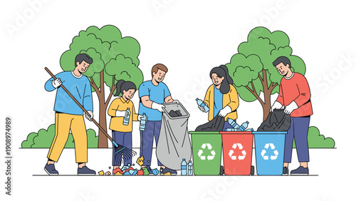 Friendly group of diverse volunteers working together to clean up a public park by collecting litter and using recycling bins.