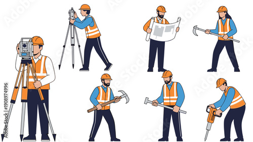 Set of construction workers and engineers performing different tasks like surveying, drilling, and reviewing blueprints on a building site.