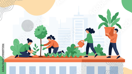 Diverse group of environmental enthusiasts cultivating a lush green garden on a city rooftop to promote urban sustainability and nature.