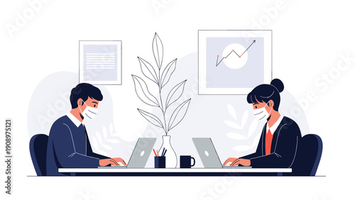 Office colleagues wearing protective masks while working on their laptops in a shared workspace to maintain safety during health concerns.