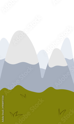 Flat vector illustration of camping outdoors. Mountains, campfire, tent, nature, camper, trees, coffee, backpack, guitar, kettle, boiler, tea, silence, calm, peace, marshmallows on fire