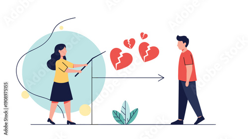Emotional concept of relationship breakup showing a woman pointing at broken heart symbols while a man walks away in a sad scene.