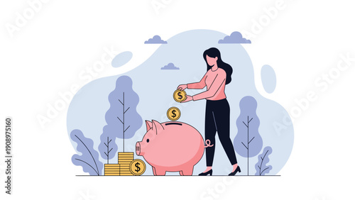 Focused young woman saving money by inserting gold coins into a large pink piggy bank to build her personal wealth and future security.