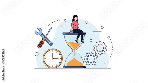 Pensive woman sitting on a giant hourglass surrounded by tools, gears, and clocks to represent effective time management and productivity.