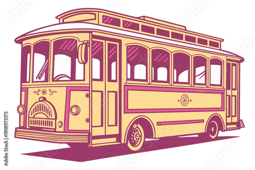 A vibrant illustration of a classic trolley bus in a flat, minimal design style