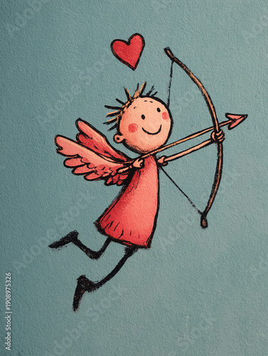 Little cupid cherub flying, shooting an arrow, and delivering love. Valentine's day theme.