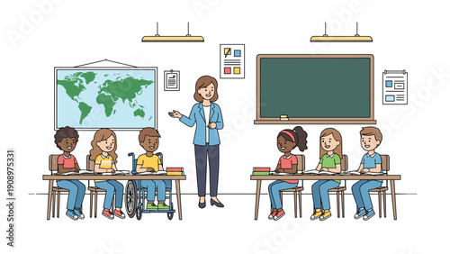 Friendly teacher leading a diverse group of elementary students including a child in a wheelchair in a brightly lit and inclusive classroom.