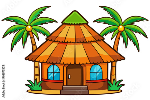 A colorful cartoon illustration of a tropical hut with palm trees and a thatched roof