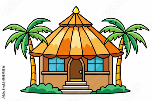 A colorful cartoon illustration of a tropical hut with palm trees and a thatched roof