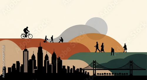 Cityscape with people walking and cycling on hills.