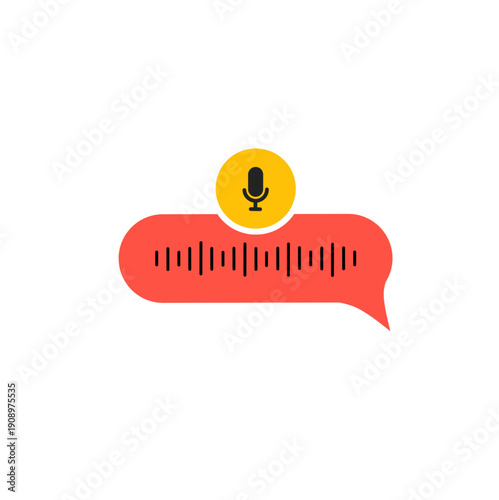 A voice message bubble with an audio waveform and microphone icon. Vibrant red and yellow flat design for messaging apps, social media UI, and communication concepts.