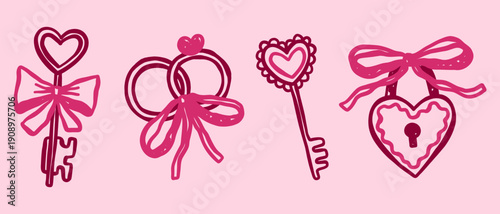 Vintage Valentines Day vector illustrations set. Whimsical coquette love wedding clipart. Hearts, key, lock, rings, bow