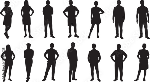 silhouette people standing row diverse poses vector set