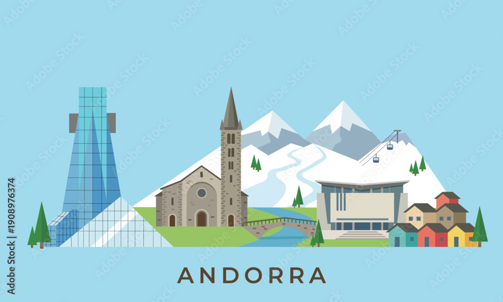Obraz premium 2D flat vector illustration of European Country Andorra with mountain landscape, modern architecture and church.